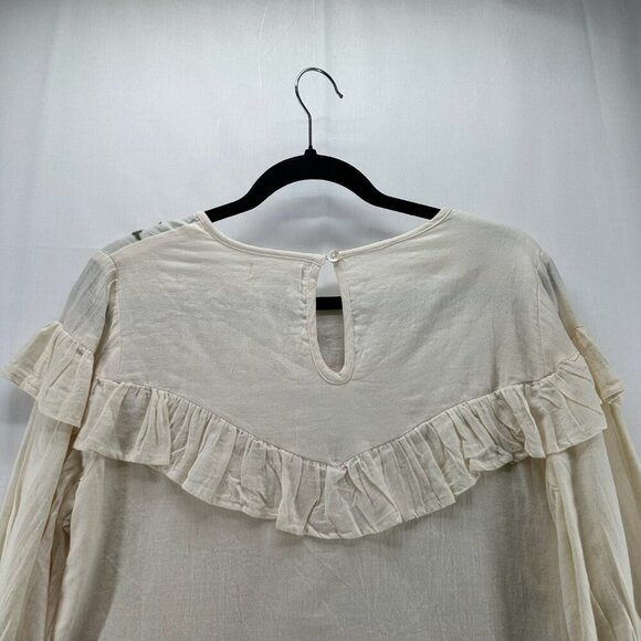 THML Blouse M Embroidered Ruffle Top Peasant Flounce Sleeve Cotton Cream - Picture 5 of 11
